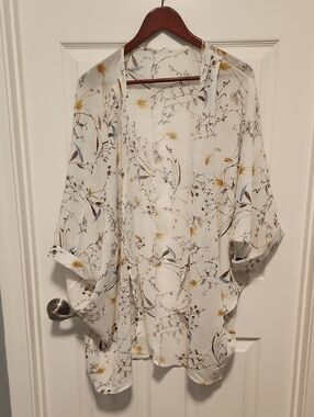 Sheer Floral Kimono Cover-Up in Cream and Mustard